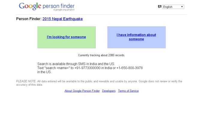 Google's Person Finder allows you to search for a person or enter information about someone. Source: Google 